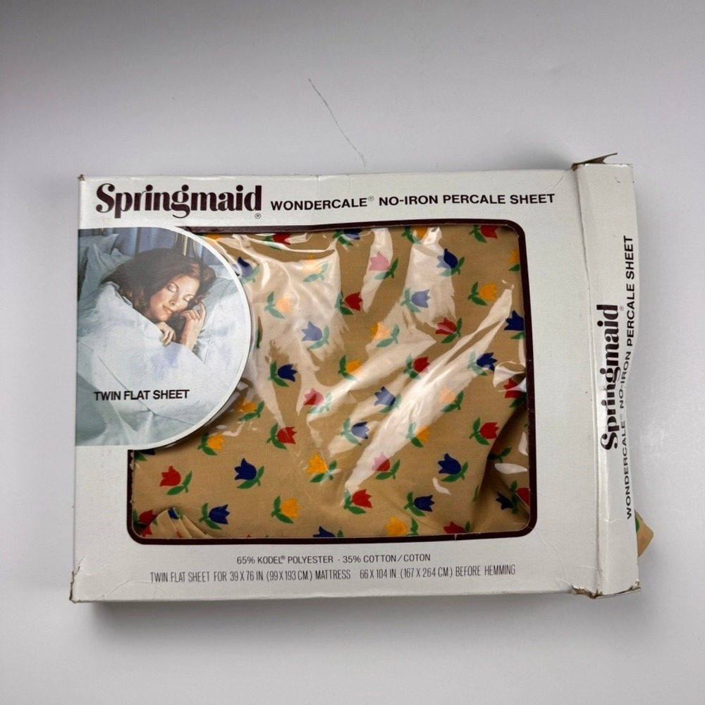 Vintage Springmaid Wondercale Twin Flat Sheet Meadowlands Floral Tulip Tan New